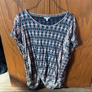 Lucky Brand Navy Multi Geometric Knot-Front Short Sleeve Top